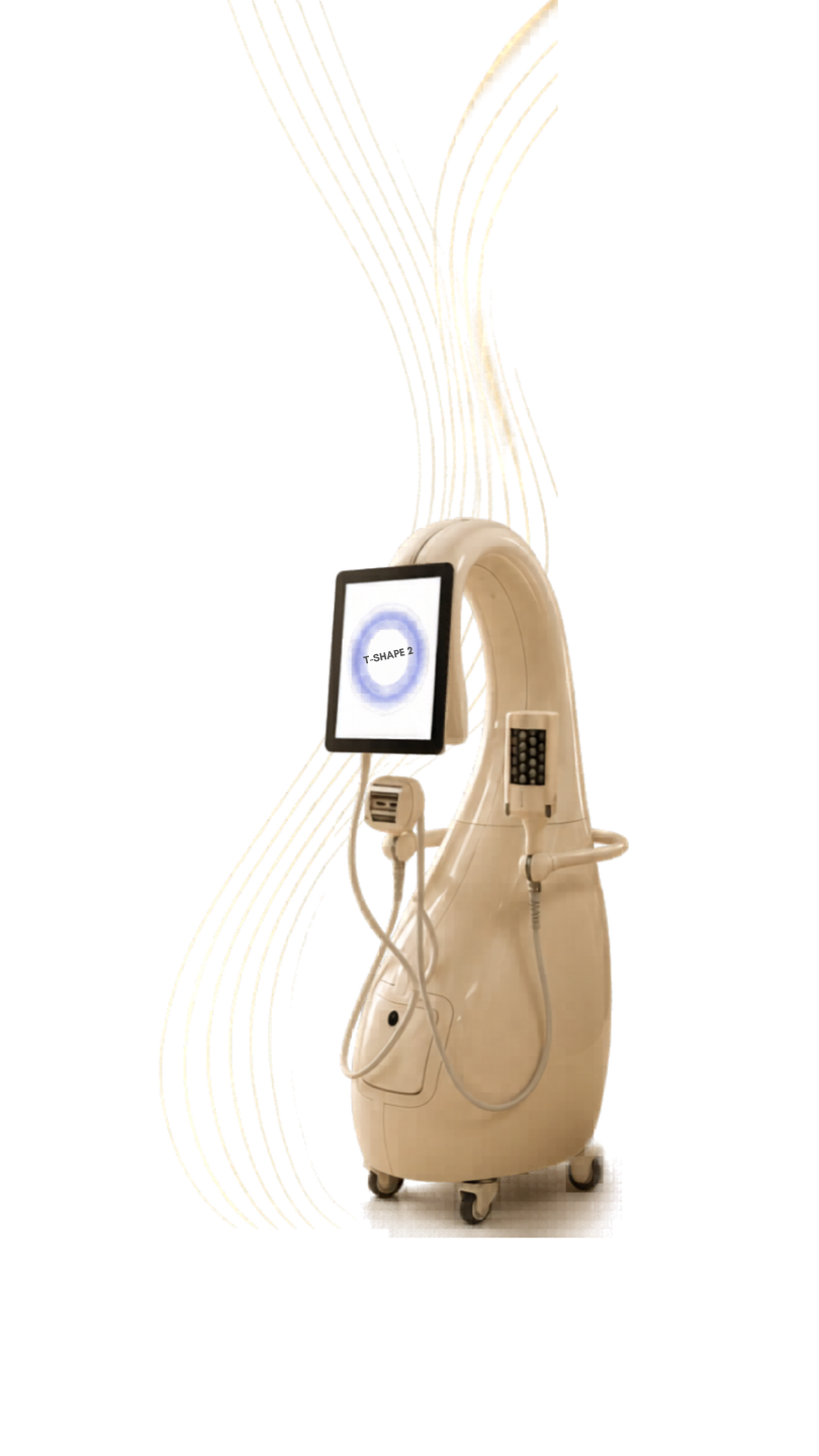 Medical device with a screen displaying 'T-SHAPE 2' connected to various attachments and wires on wheels.