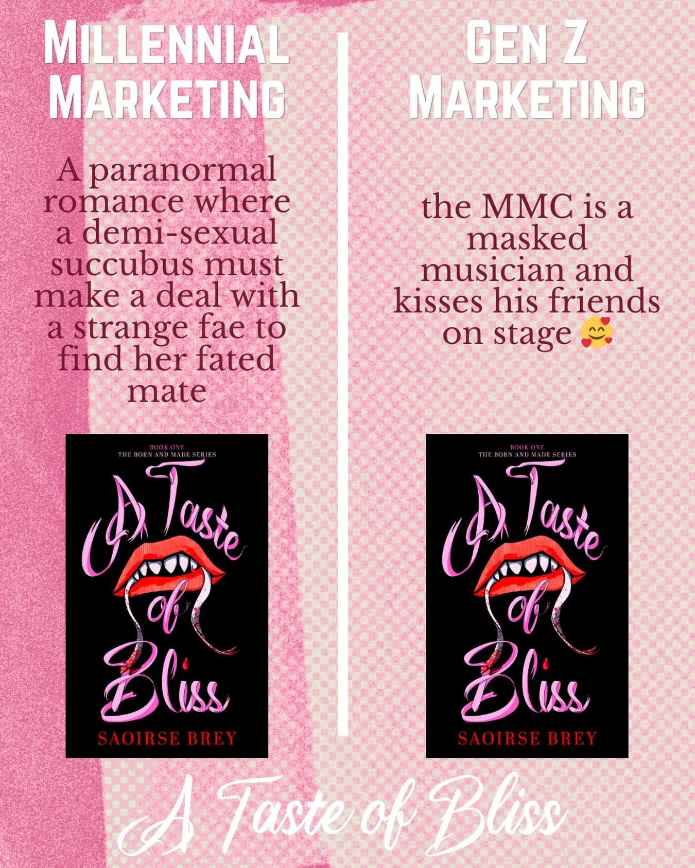 A Taste of Bliss is book one in the Born and Made series 

🎀 Slow burn
✨Fated mates
🎀 Masked MMC
✨ Metalcore vibes
🎀 Grumpy x sunshine
✨Found family

Available in paperback, ebook and on KU!