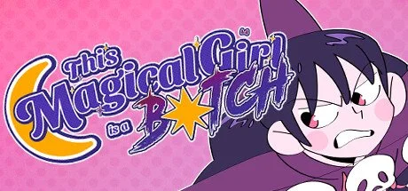 Title screen of a cartoon with the text "This Magical Girl is a B*TCH" and a purple-haired teenage girl with a skull on her shoulder.