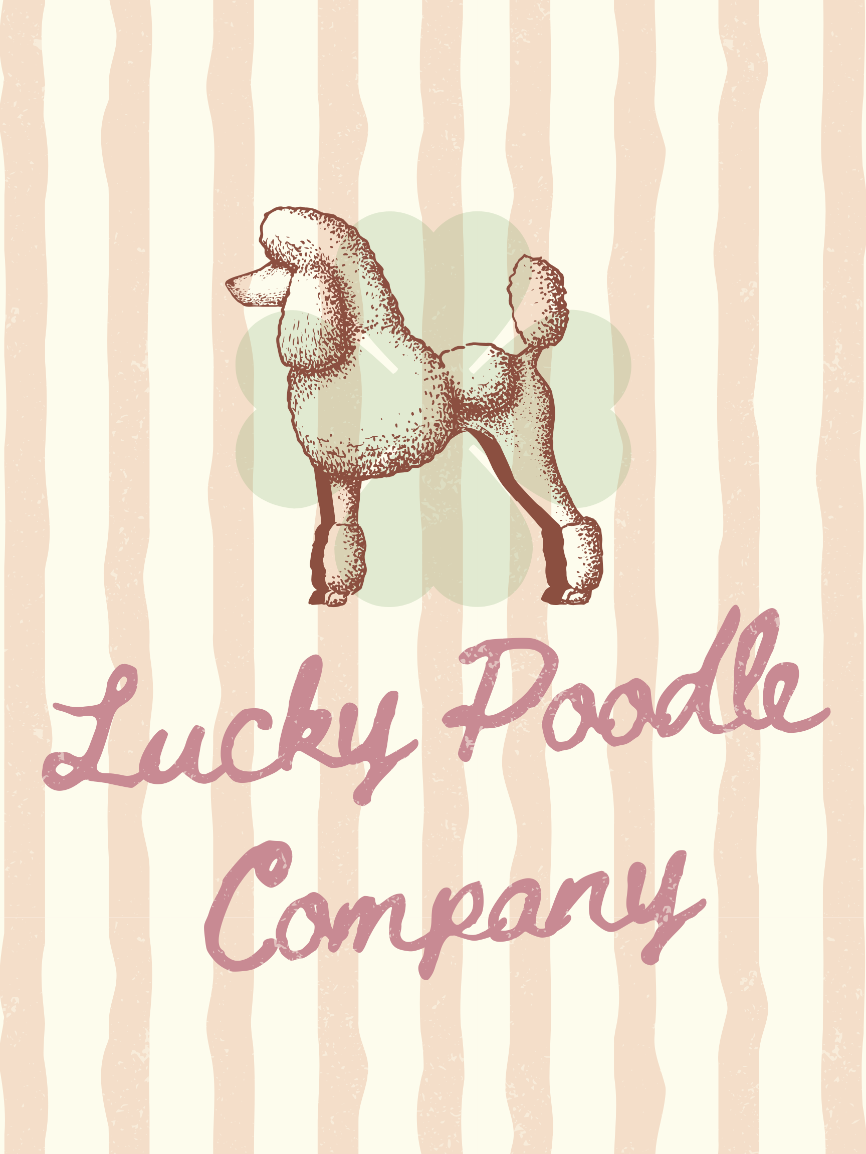 A cartoon illustration of a dog, resembling a poodle, with a background of beige wavy stripes and green circles. There is cursive text reading 'Lucky Poodle' partially visible at the bottom.