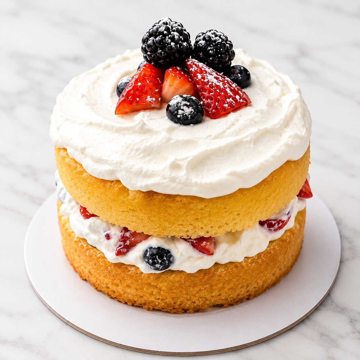 A two-layer sponge cake with whipped cream and mixed berries on top, including blackberries, strawberries, and blueberries.