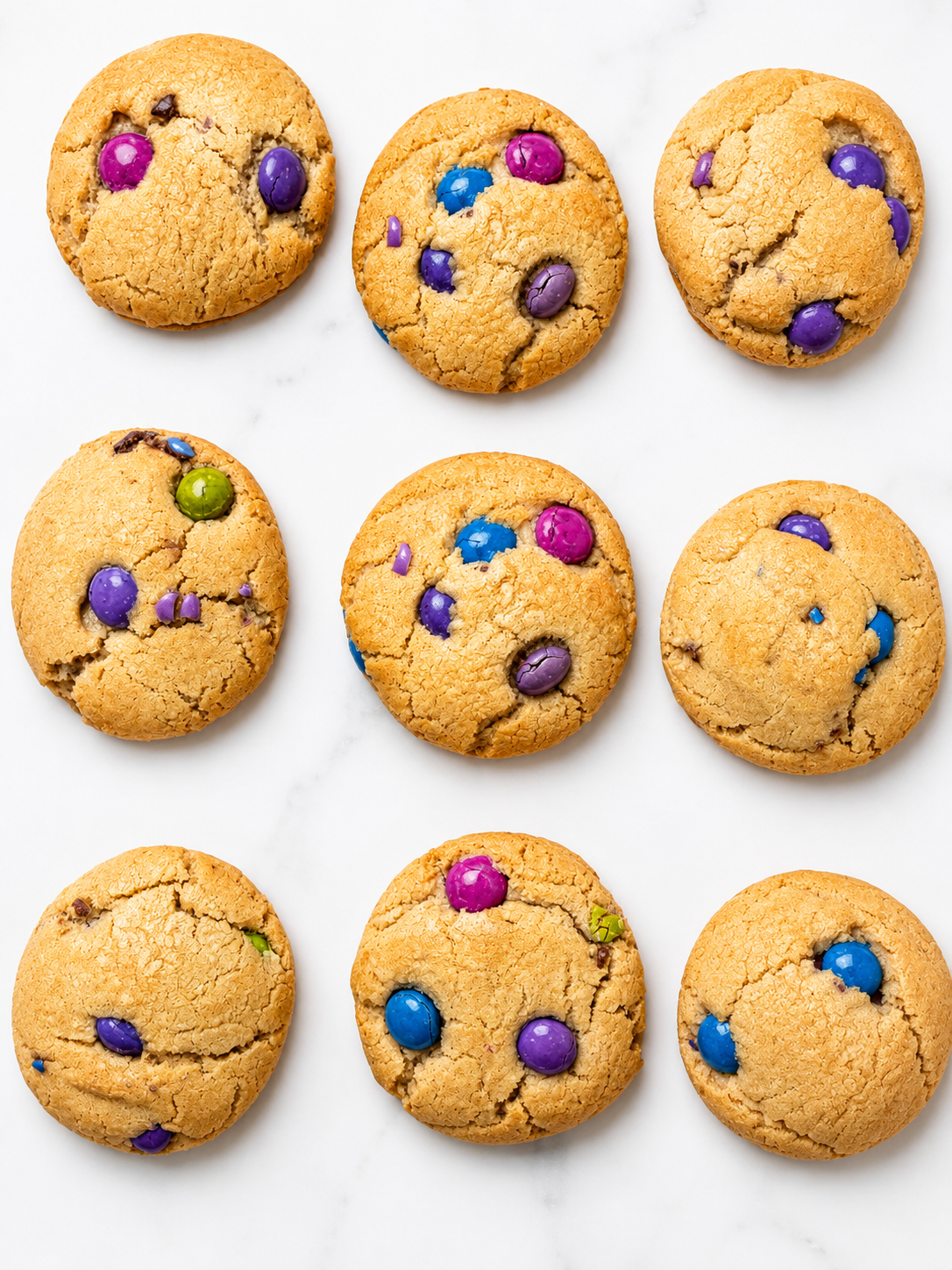 Six colorful cookies with purple, blue, green, and pink candies on a white surface