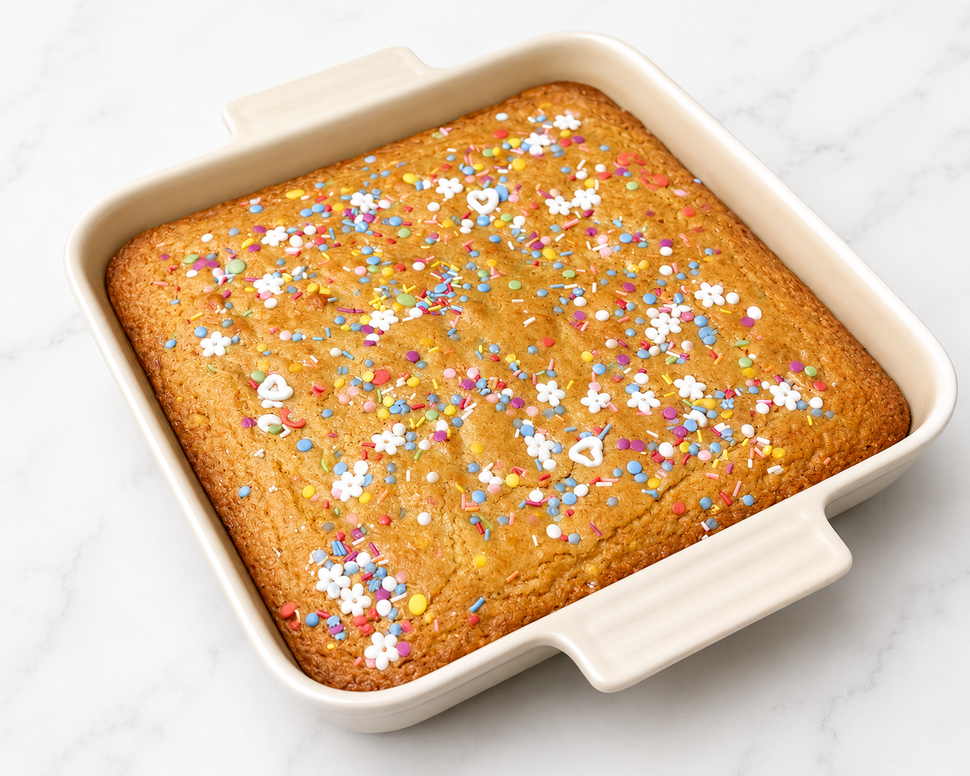 A rectangular baked cake with colorful sprinkles in a white ceramic baking dish on a white marble surface.
