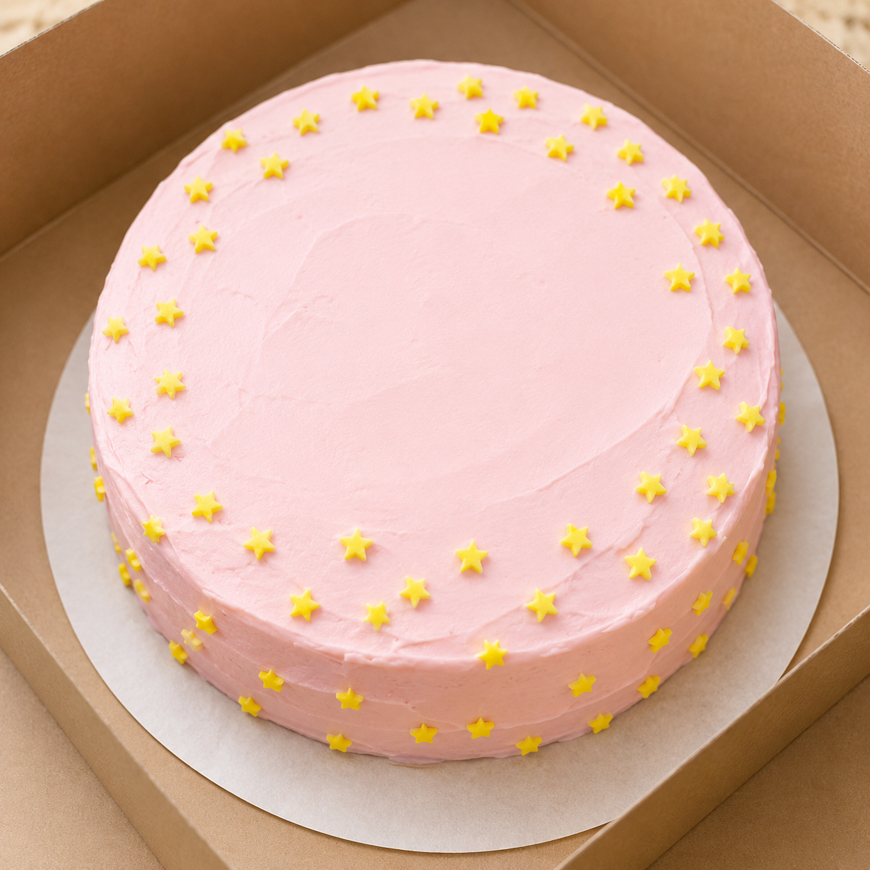 A round cake with pink frosting and yellow star-shaped decorations inside a cardboard cake box.