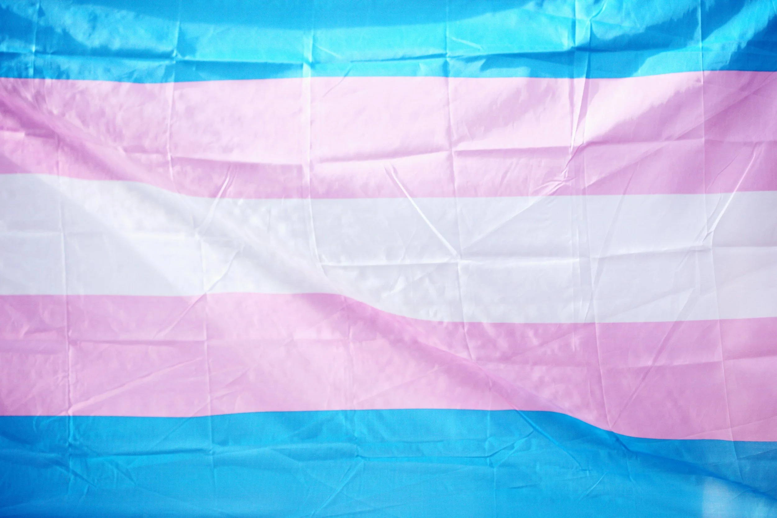 Transgender pride flag with horizontal stripes of light blue, pink, white, pink, and light blue, wrinkled fabric.