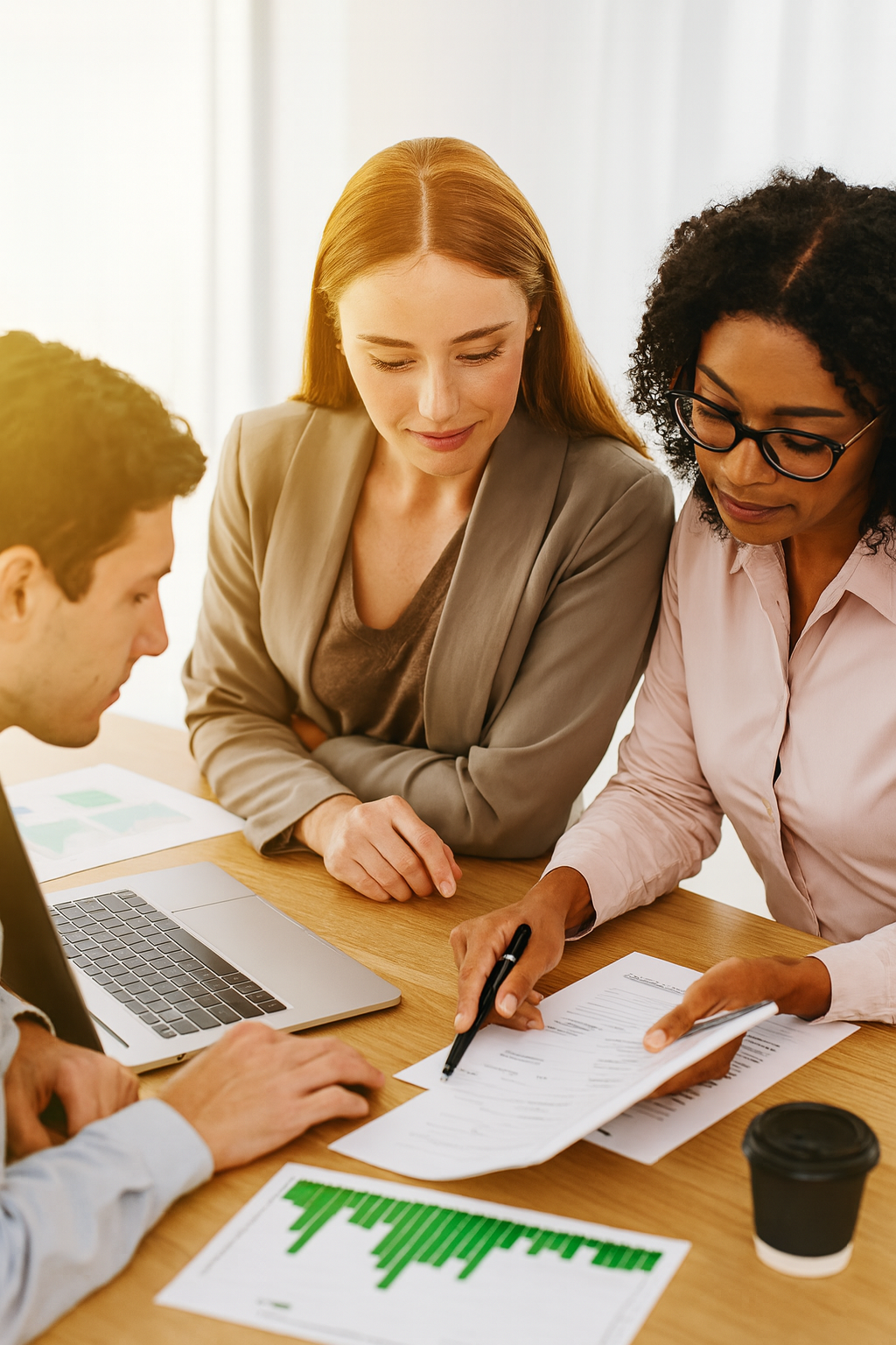 Three professionals discussing documents with charts and a laptop on a wooden table in a bright office.