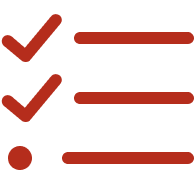 A checklist with three items, the first two marked with red checkmarks, the third item marked with a red dot indicating the plan