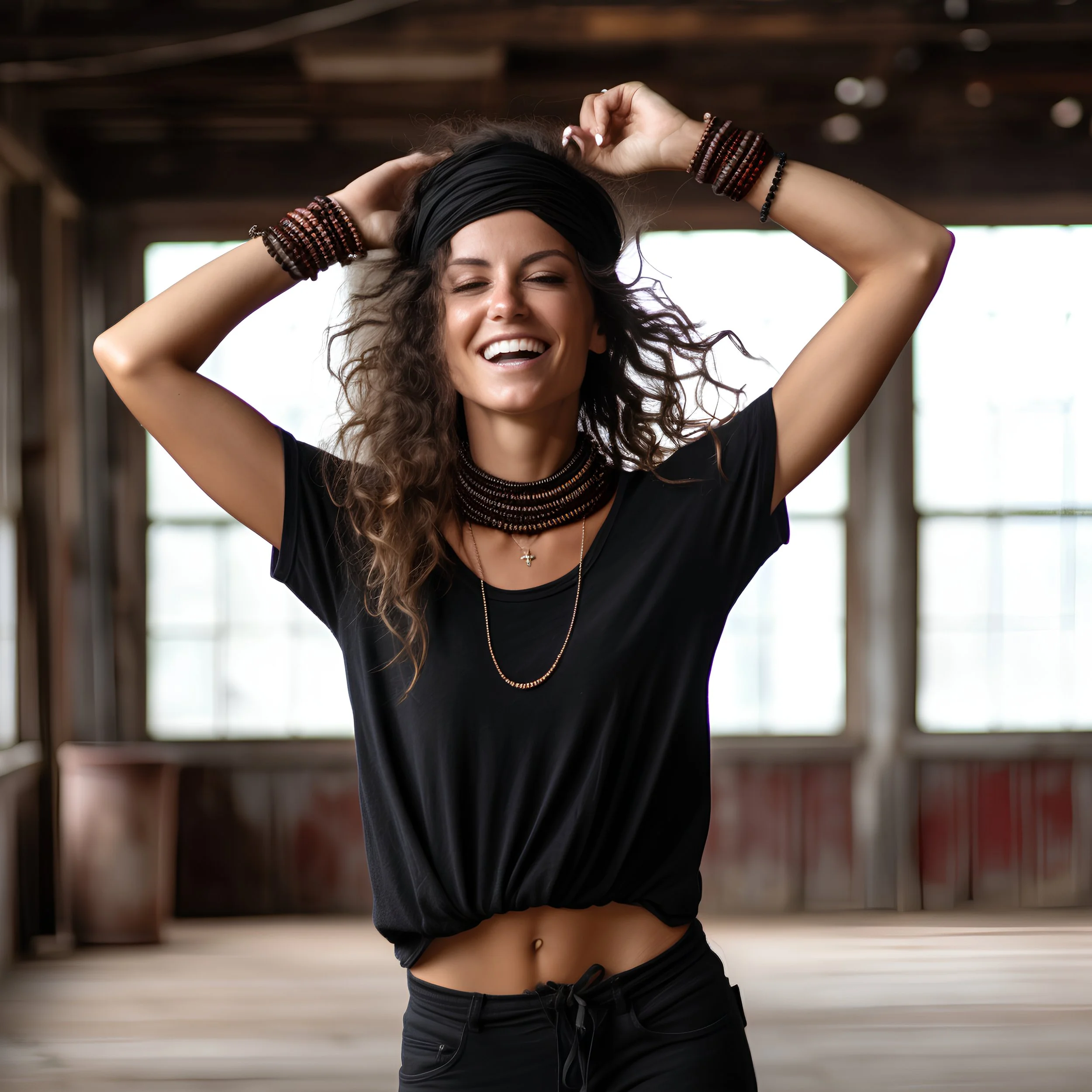 A woman with curly hair, wearing a black headband, black t-shirt, and multiple jewelry pieces, smiling with her eyes closed inside an industrial-style building with large windows.