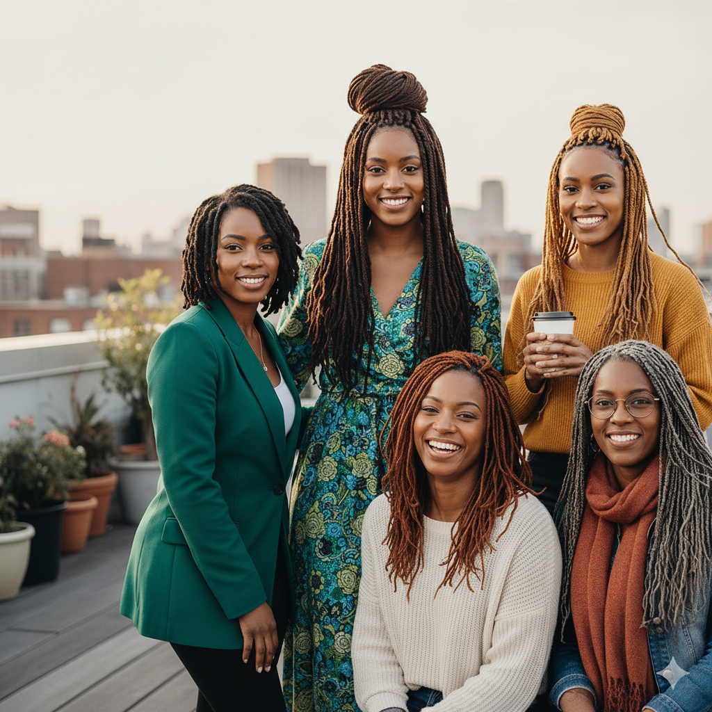 A group of five women with diverse hairstyles and clothing, smiling on a rooftop with a city skyline in the background.