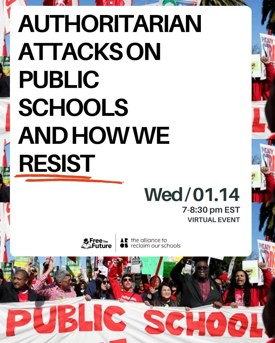 Join on Wednesday, January 14th, for an interactive workshop to learn about authoritarianism, why this is happening, who's behind it, and how communities can fight back through organized resistance. 

RSVP: https://www.mobilize.us/reclaimourschools/e