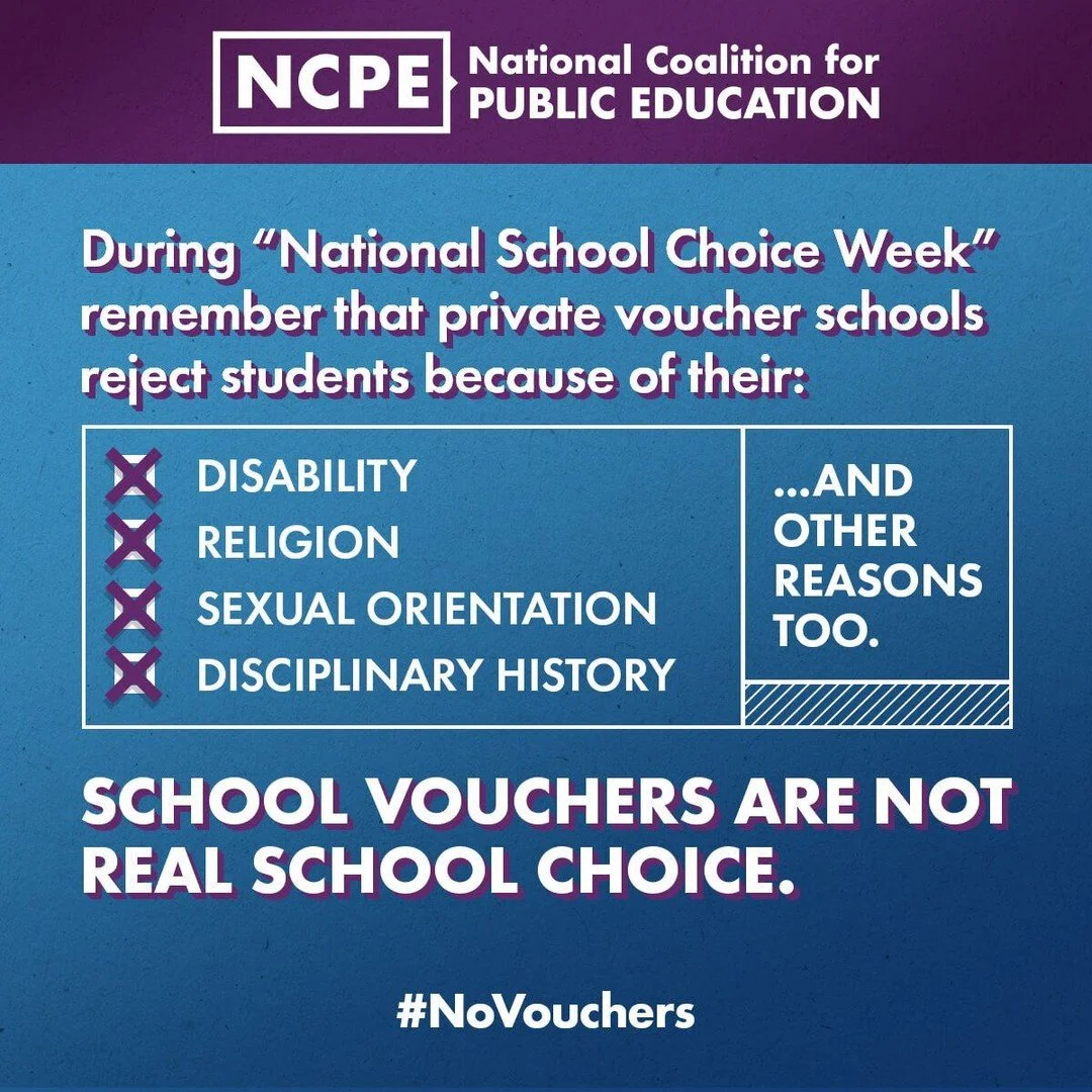 We support public schools because they serve all students. Private voucher schools discriminate against students based on disability, religion, sexual orientation, ability to pay, &amp; more. During #SchoolChoiceWeek, say no discrimination and join t
