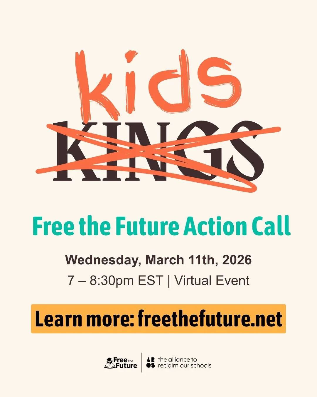 The future belongs to our kids and no king, billionaire or president will steal that away from them. Join us on March 11th to defend our schools and our democracy. RSVP at https://www.mobilize.us/reclaimourschools/event/875573/