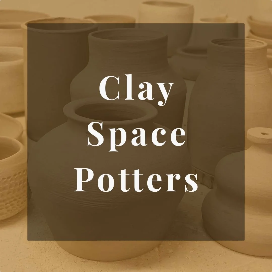 Various unfinished clay pottery vases and pots on a work table with the text "Clay Space Potters" overlayed