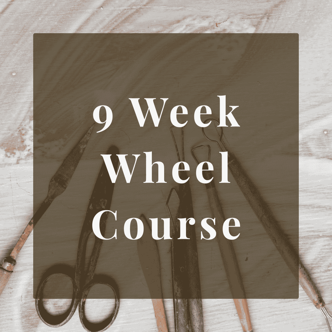 A background of vintage sewing tools including scissors and sewing pins, with overlay text '9 Week Wheel Course' in white on a semi-transparent brown rectangle