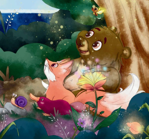 A forest scene featuring a bear character, a fox, a snail, and a bee near a large yellow flower, with lush green plants and a blue sky in the background.