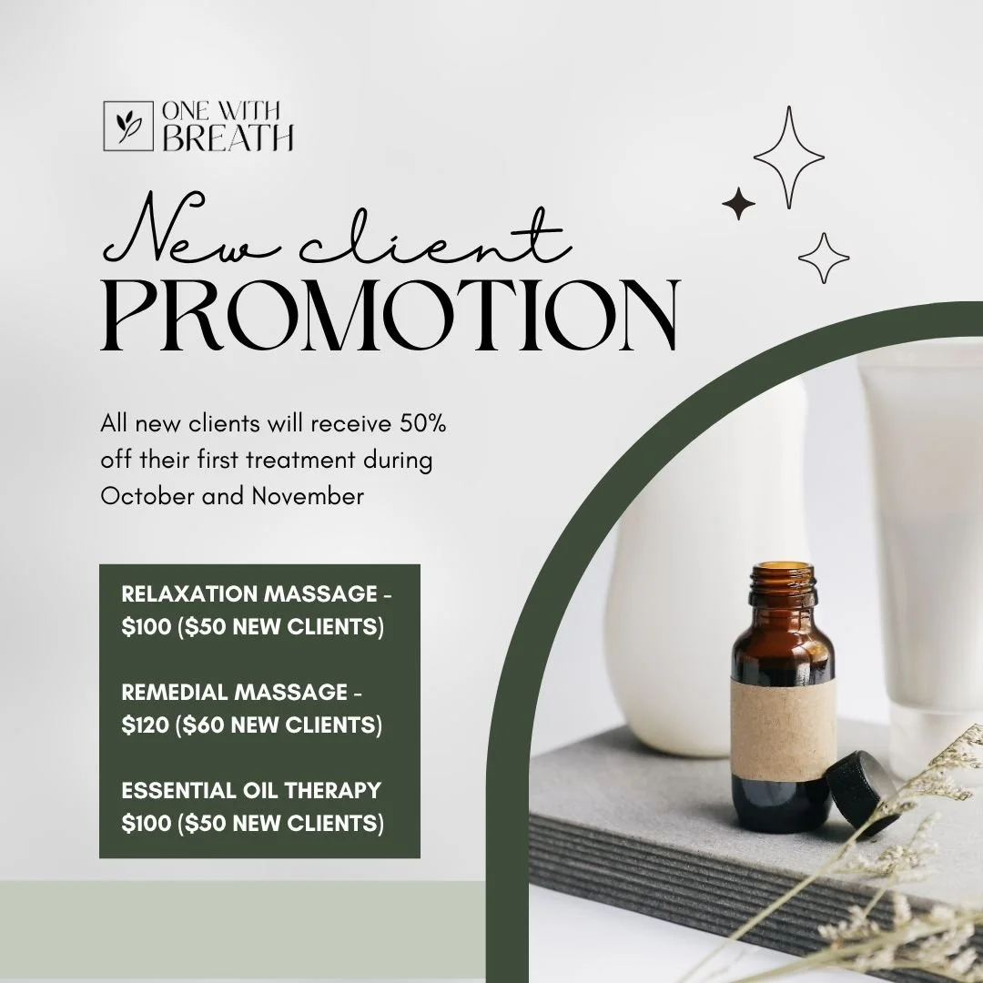 Ready to take the first step toward relaxation and healing? 

This October and November, new clients receive 50% off their first treatment.

Choose from Relaxation Massage, Remedial Massage, or Essential Oil Therapy &mdash; and start feeling the diff