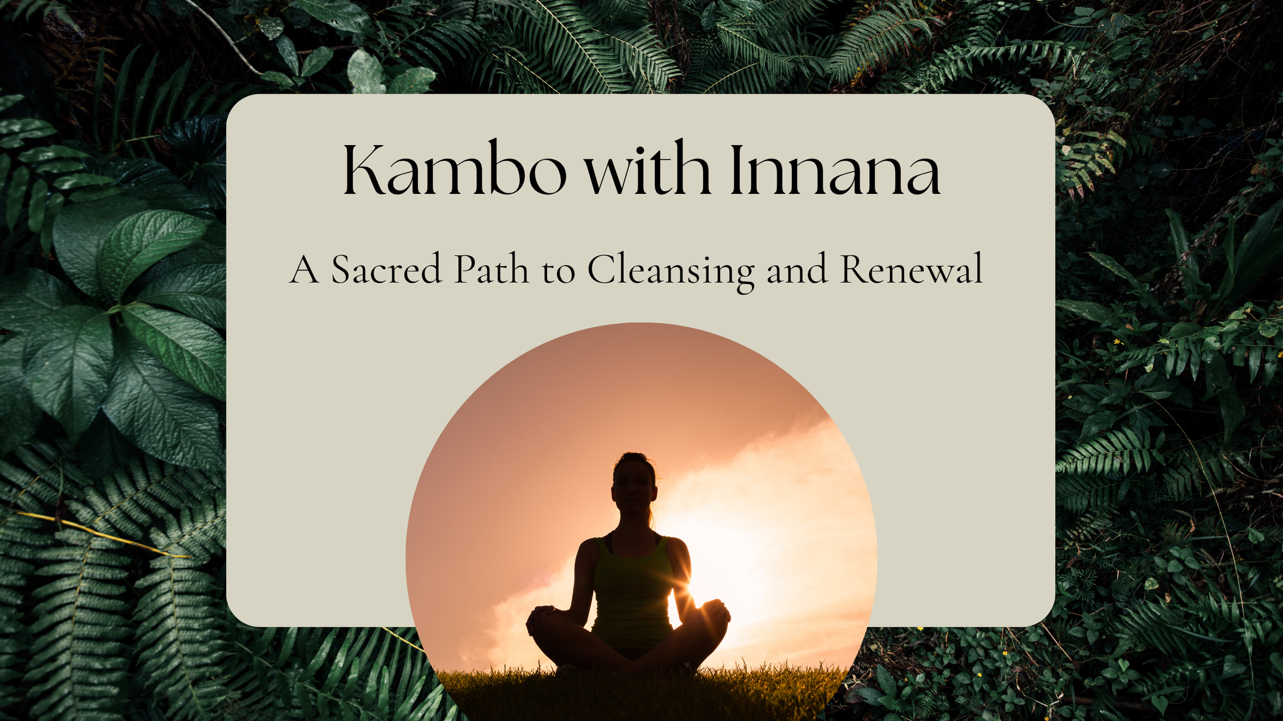 A woman practicing yoga outdoors at sunset, surrounded by lush green jungle foliage.