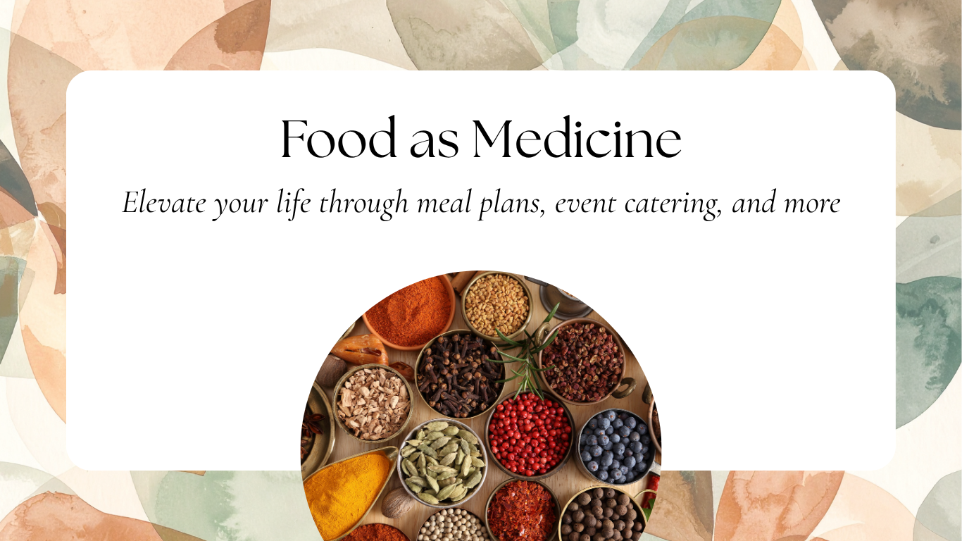 A promotional graphic for a service called 'Food as Medicine' with the tagline 'Elevate your life through meal plans, event catering, and more'. The background features a pastel-colored, leafy pattern, and there is a central circular image showing various spices and herbs in small bowls.
