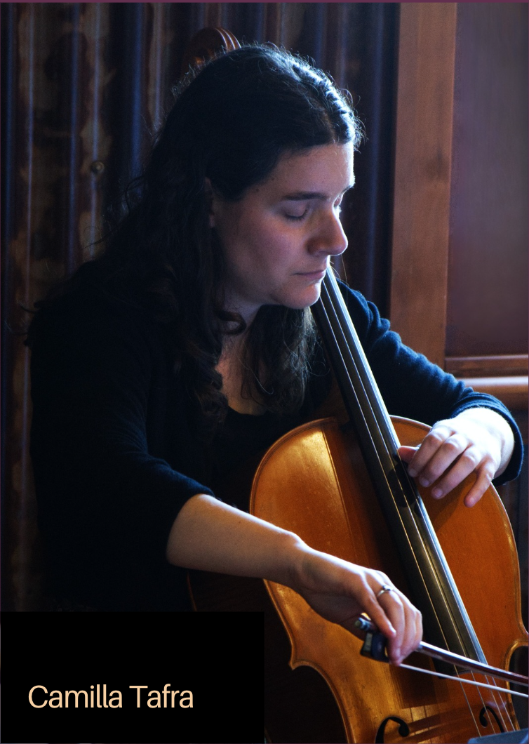 Portrait of Camilla Tafra playing a cello in a room with wooden paneling.