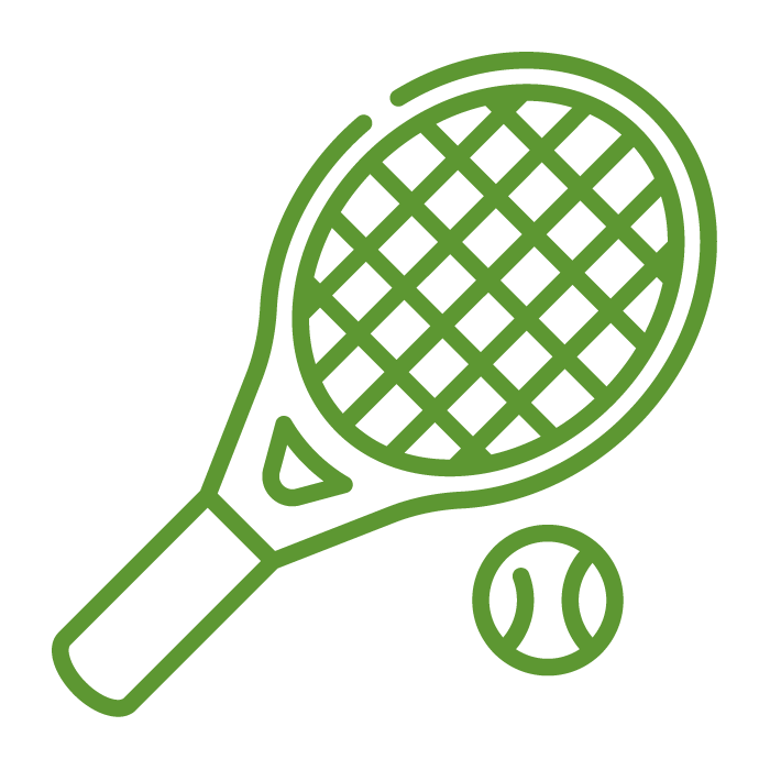 Green outline illustration of a tennis racket and a tennis ball.