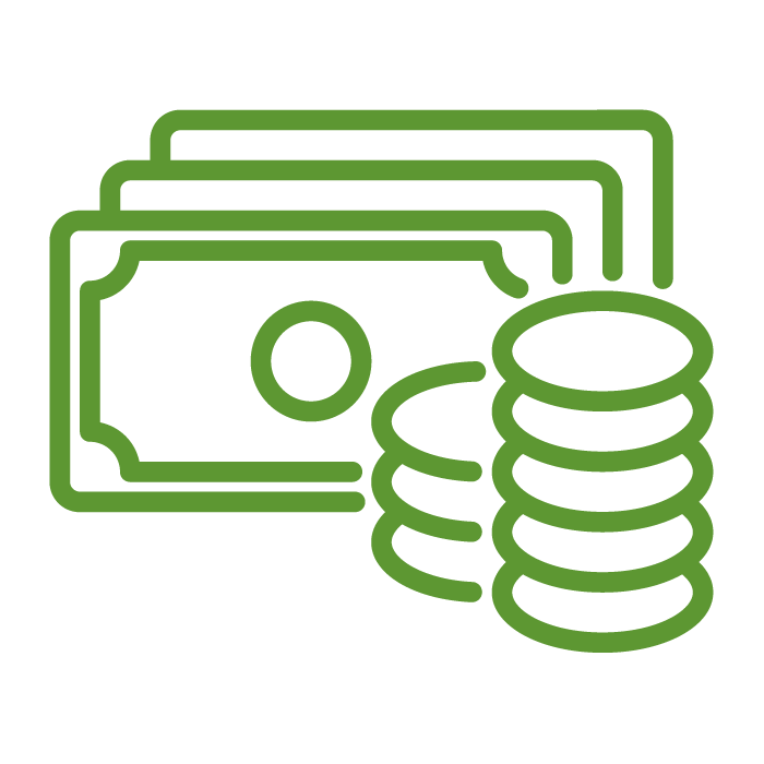 Green outline drawing of paper currency and coins, representing scholarships