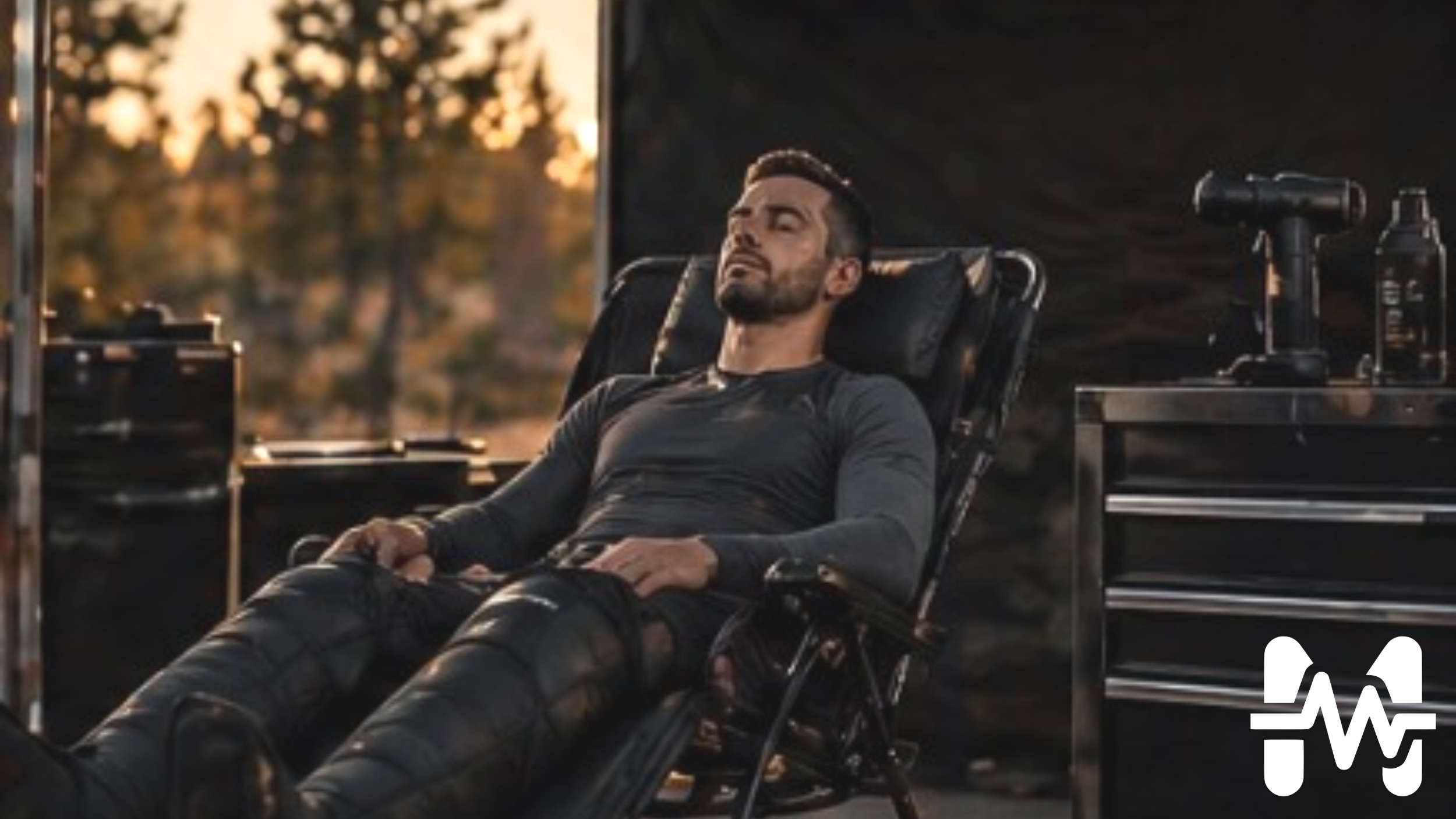 A man relaxing on a reclining chair outdoors during sunset, with a black table nearby holding a water bottle and other items, and blurred trees in the background.