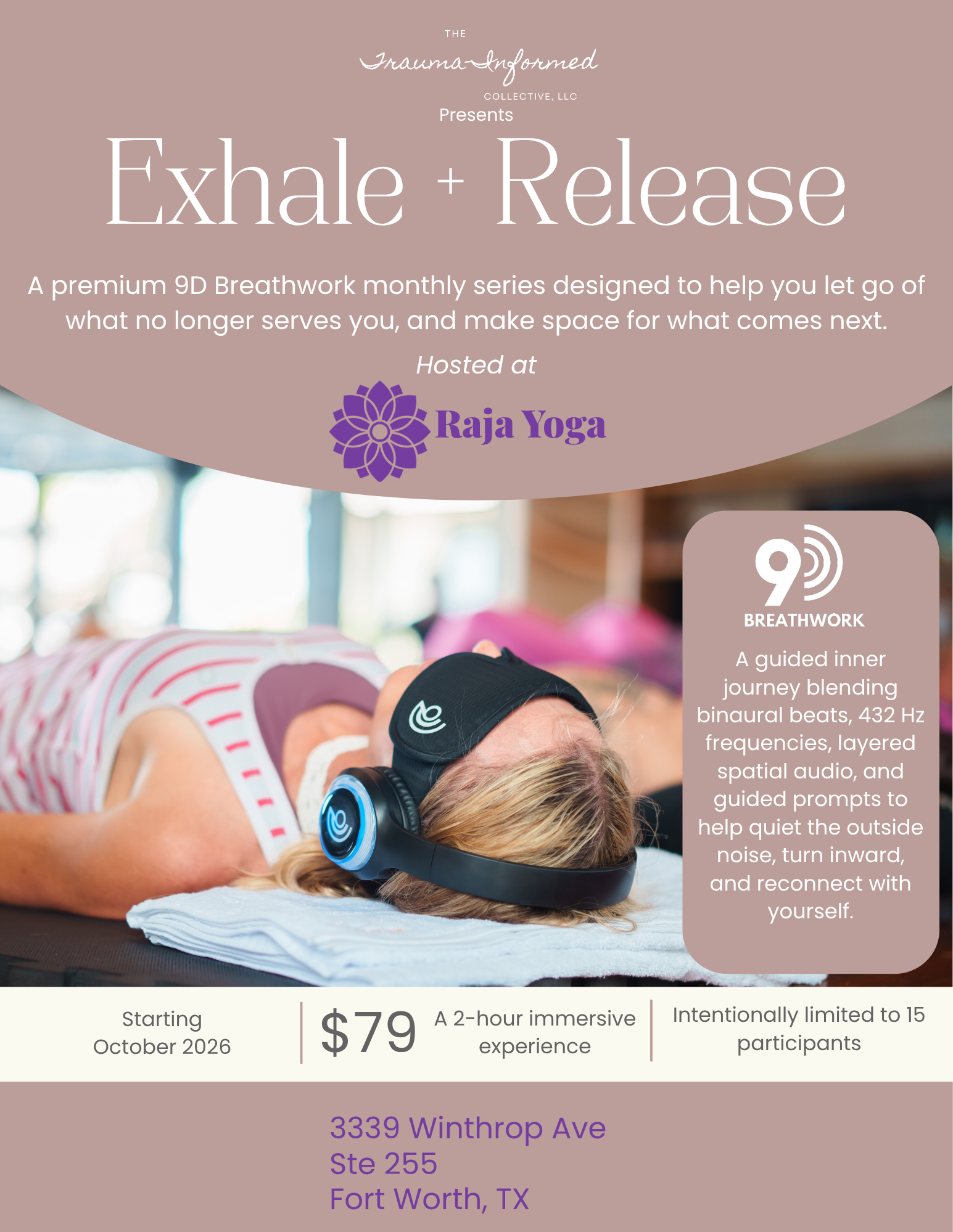 A woman lying on her side on a yoga mat, wearing headphones, practicing relaxation during a guided meditation session at Raja Yoga, with text about an event titled Exhale + Release.