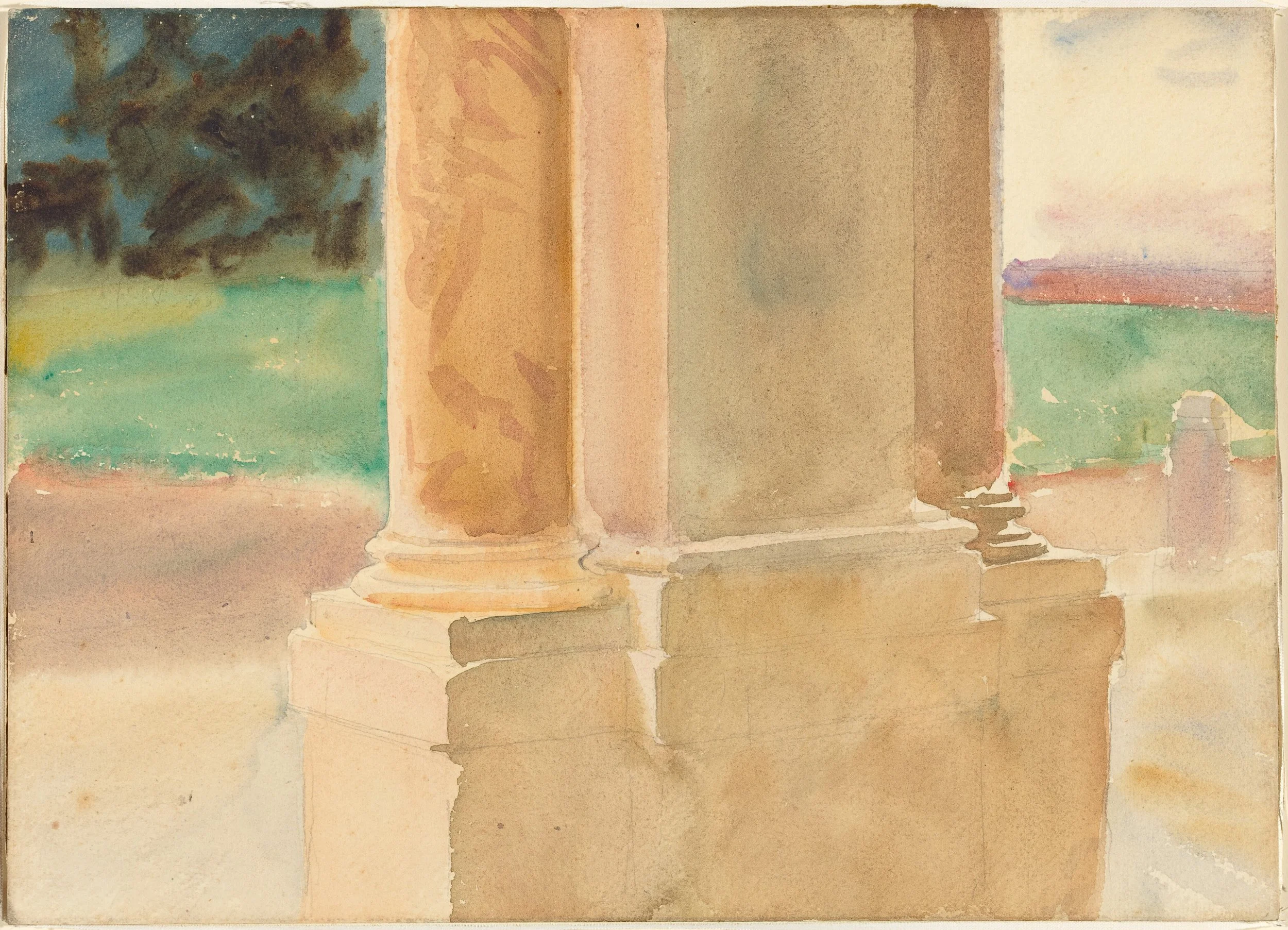 A watercolor painting of a seashore with a building's colonnade in the foreground and a landscape with trees and a body of water in the background.