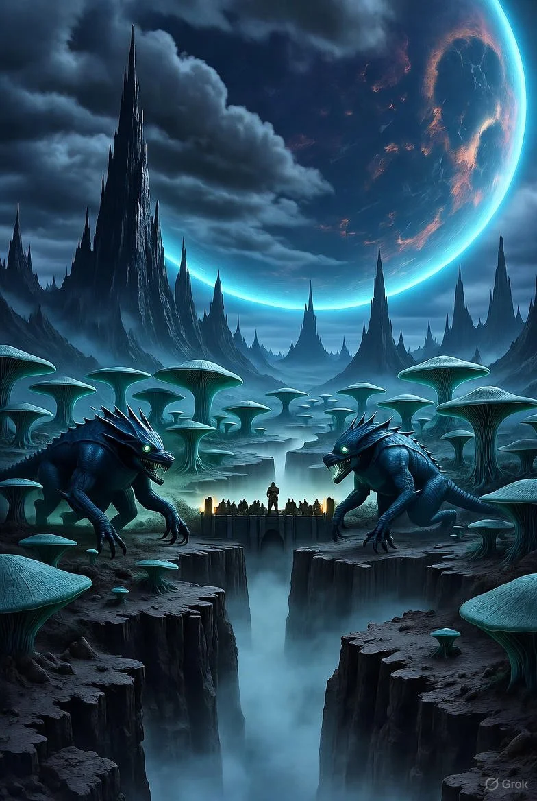 A fantastical landscape featuring tall, jagged mountains, giant glowing mushrooms, and a massive planet or moon in the sky. Two large mythical creatures resembling dragons or lizards face each other near a human figure standing on a bridge over a deep canyon.