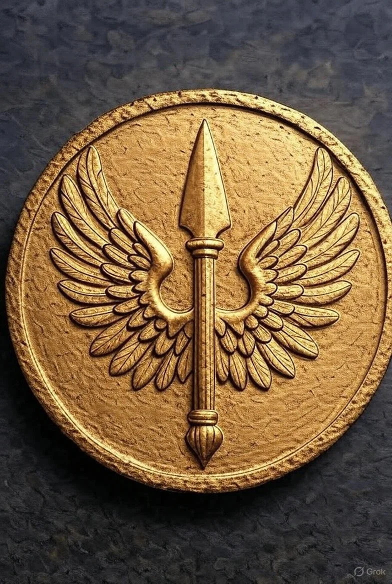 A golden round emblem featuring a spear with wings on either side.