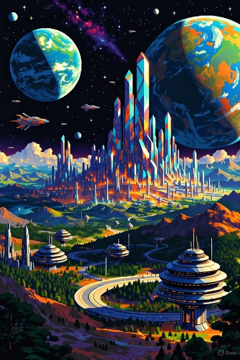 A futuristic city in outer space with tall, glowing skyscrapers, advanced flying ships, planets, and stars in the background.