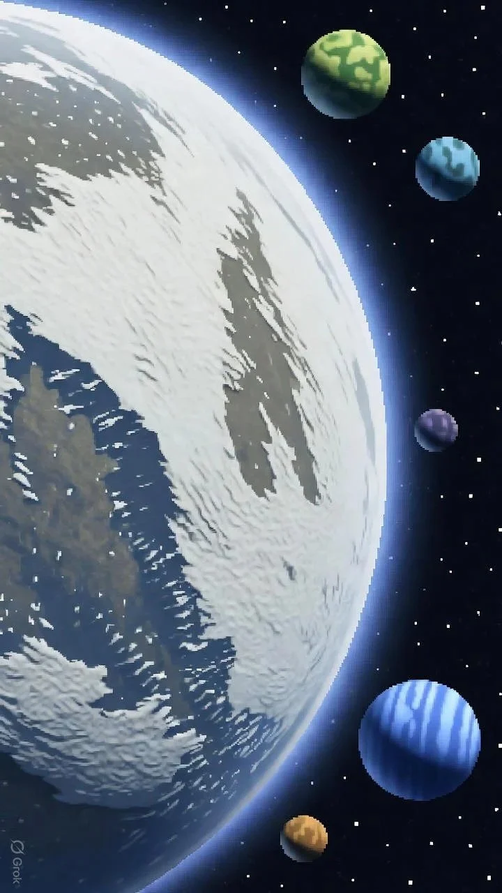 A computer-generated image of a space scene showing Earth with ice and landmasses, and several colorful planets orbiting in the background.