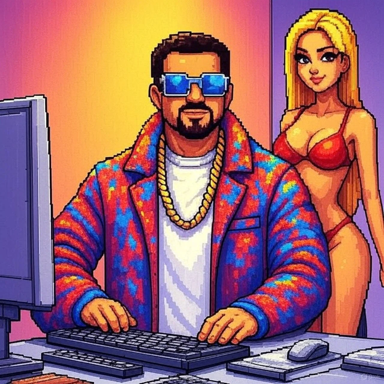 Pixel art illustration of a man with a beard, wearing reflective sunglasses, a colorful jacket, and a gold chain, sitting at a computer with a woman in lingerie standing behind him.