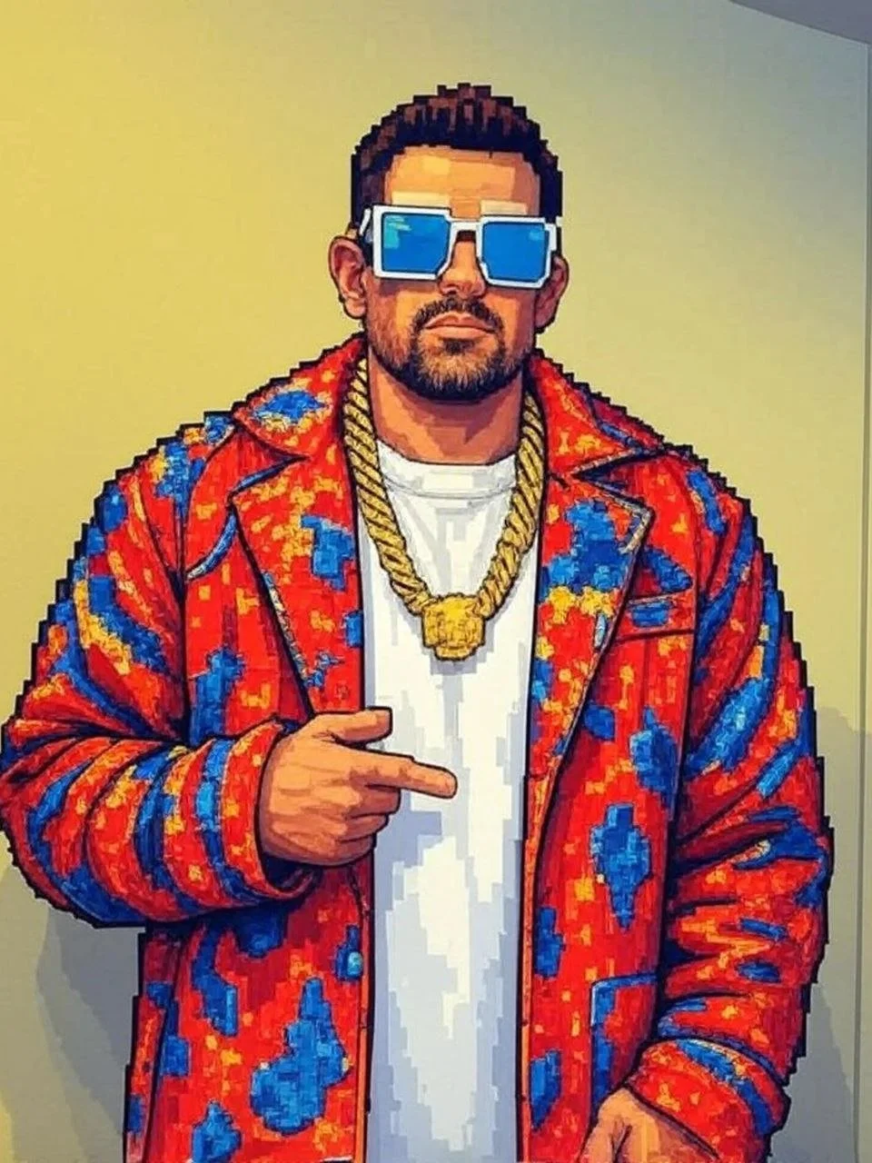 Pixel art portrait of a man with sunglasses, a puffy jacket with a red, blue, and yellow pattern, a large gold chain, and pointing with his right hand.