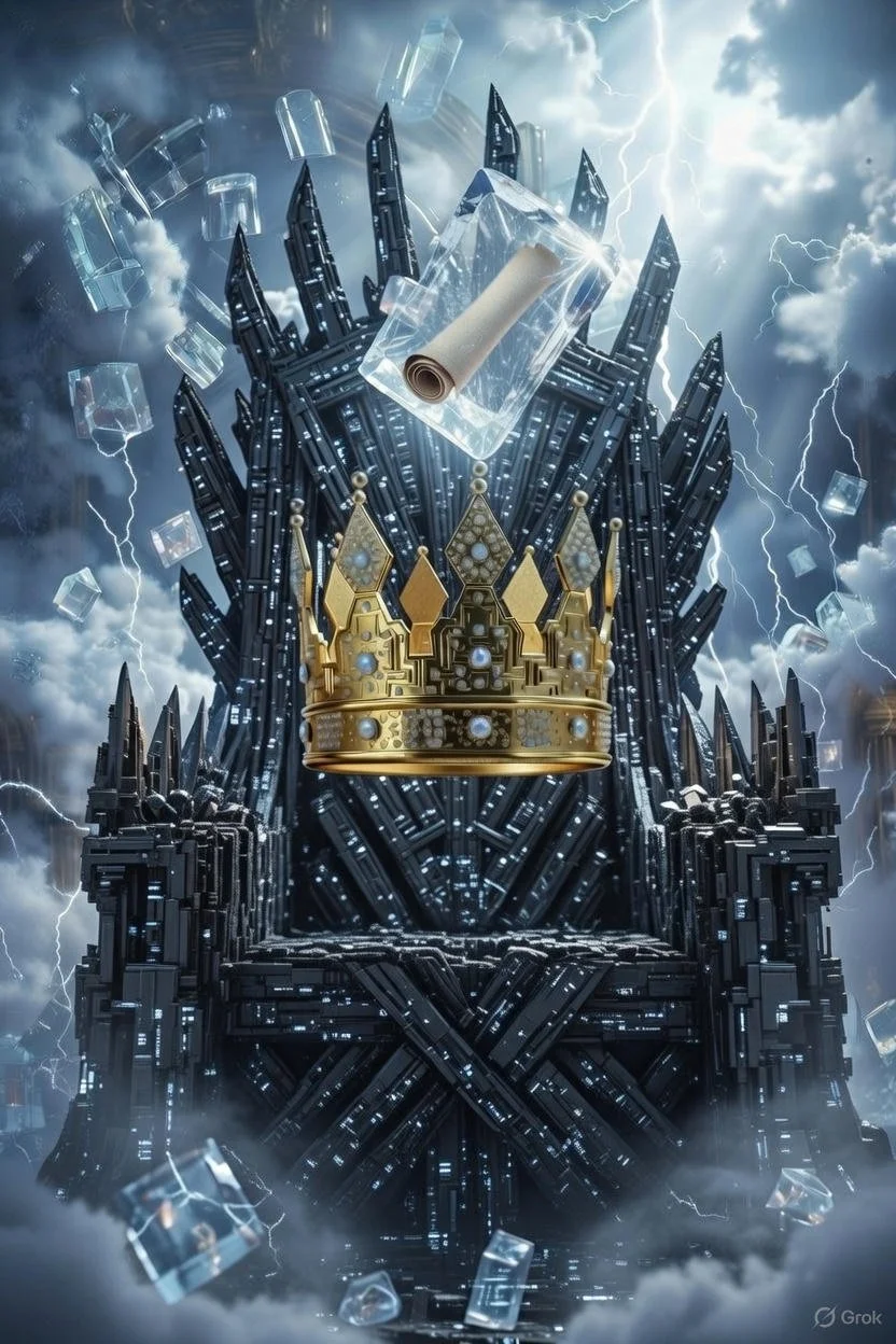 A digital illustration of a throne made of black metallic blocks with a gold crown in front of it. There are floating ice cubes and scrolls in front of stormy sky with lightning.