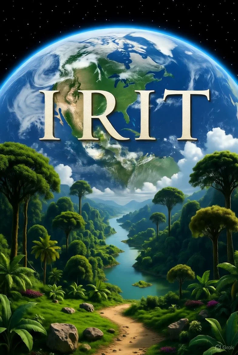 A depiction of Earth from space with the word 'TRIT' overlaid. The foreground shows a lush, green jungle with trees, rocks, and a river flowing through it.