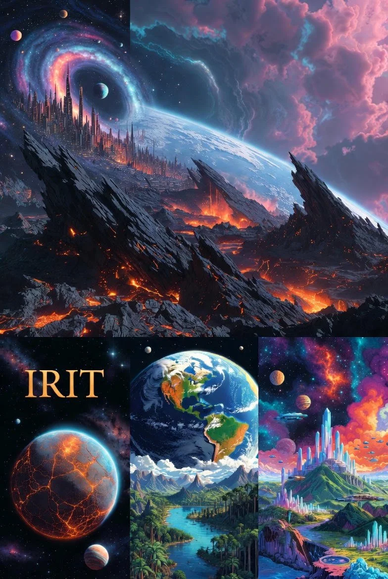 Composite digital artwork depicting a futuristic Earth with volcanic activity, alien planets, lush landscapes, and advanced cityscapes, alongside space scenes including planets and cosmic phenomena, with the word "IRIT" in gold lettering.