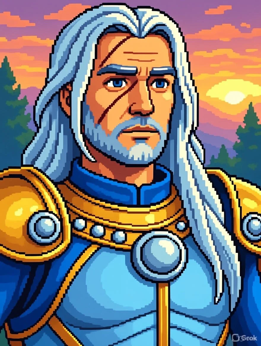 Pixel art portrait of a medieval knight with long white hair, blue eyes, and a beard, wearing blue and gold armor, set against a sunset sky with trees.