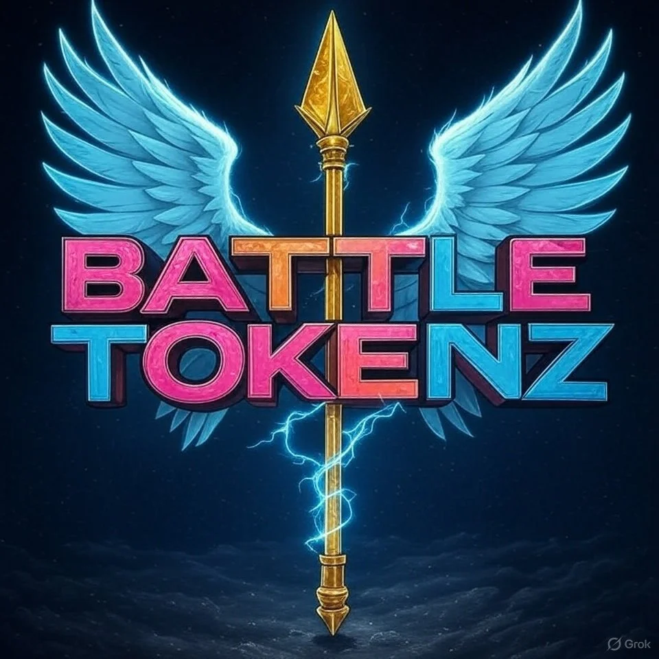 Magic-themed logo with the words 'Battle Tokenz' in pink and blue letters, a golden spear with electric blue lightning, and blue angel wings on a dark background.