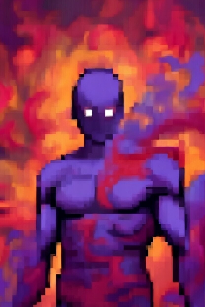 Pixelated digital art of a muscular, purple humanoid figure with glowing white eyes, standing in front of fiery orange and red background.