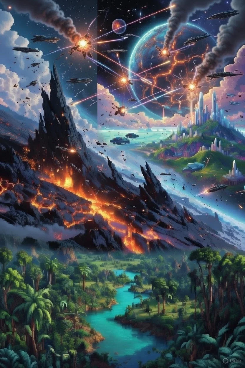 A dramatic science fiction scene with a spaceship battle in a colorful landscape. The foreground shows a lush green river valley with trees, water, and mountains. The middle ground features a volcanic eruption with flowing lava, smoke, and ash. The background depicts a large planet with a cityscape and a space battle with ships and explosions in space, against a starry sky.