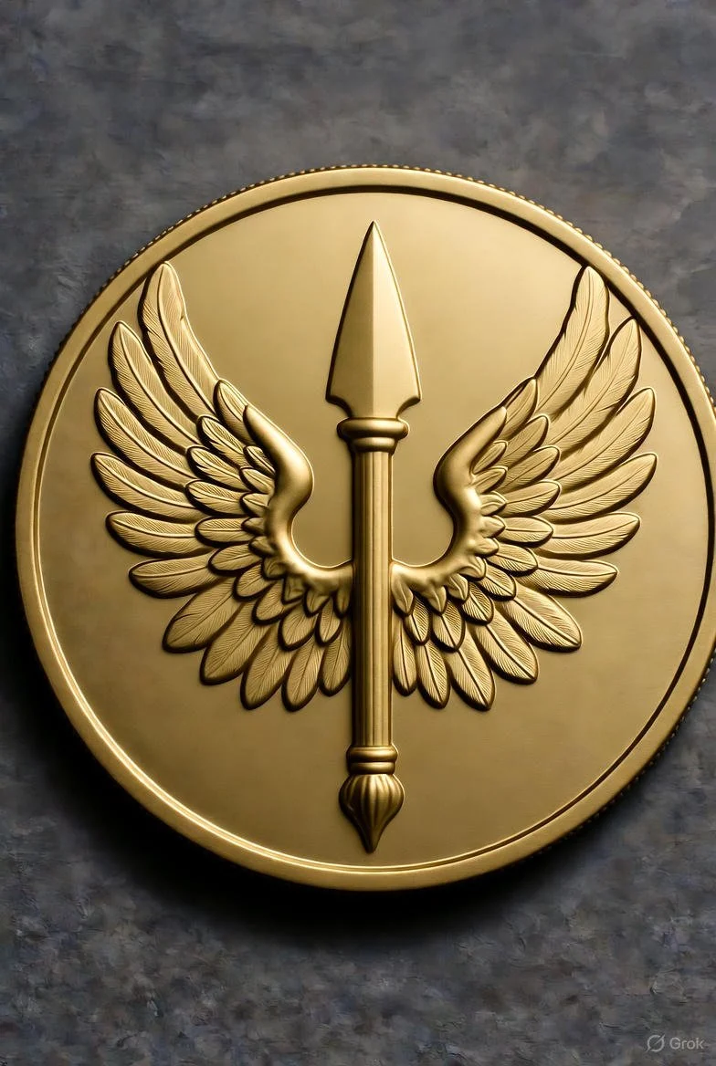 A golden circular emblem featuring a spear with wings.