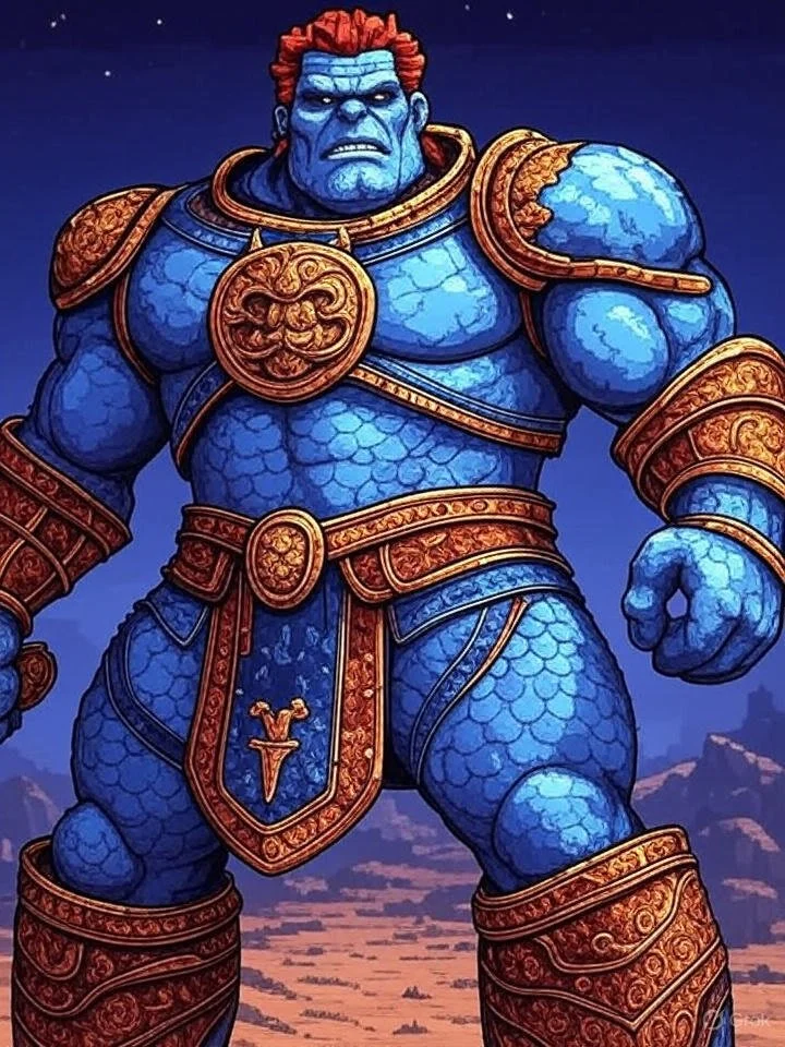 Illustration of a large, muscular blue-skinned creature with red hair, wearing ornate gold and red armor, standing on a rocky landscape with a dark sky in the background.
