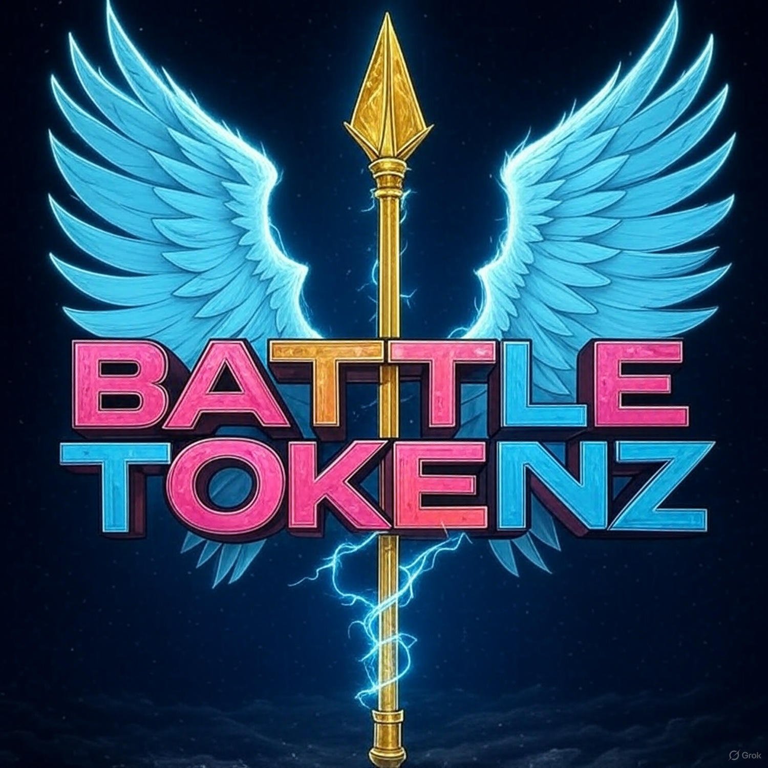 Logo for Battle Tokenz featuring blue angel wings, a golden spear with lightning, and pink and blue block text.
