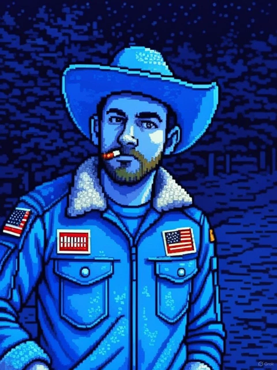 Pixel art-style digital illustration of a man wearing a cowboy hat and a denim jacket with American flag patches, smoking a cigarette.
