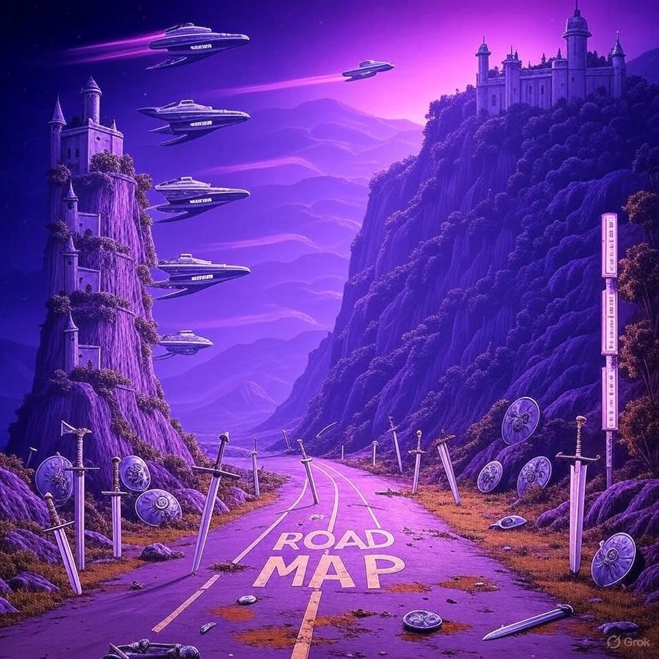 A fantasy landscape with a purple color scheme, featuring a mountain valley with a castle on a hilltop. A road marked 'ROAD MAP' is damaged and strewn with swords and shields. In the sky, there are several flying ships, and the scene has an otherworldly, sci-fi atmosphere.