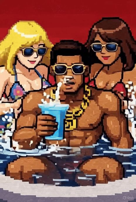 Pixel art style image of three people at the beach with a red background. The man in the center is shirtless, wearing sunglasses and a gold chain, holding a blue drink, with two women on either side. Both women are wearing bikinis and sunglasses, with the woman on the left having blonde hair and the woman on the right having brown hair.