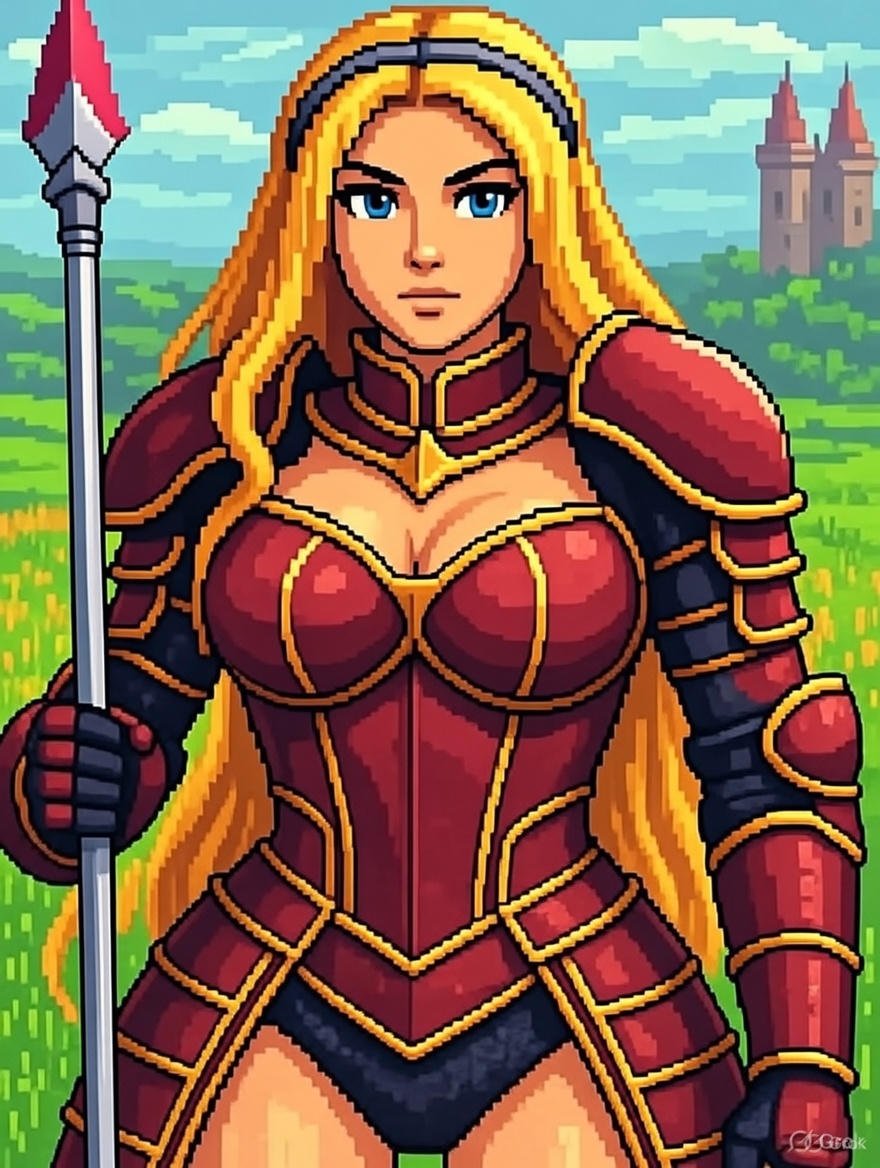 Pixel art depiction of a female warrior with long blonde hair, blue eyes, wearing red and black armor with gold accents, holding a spear, with a castle and green landscape in the background.