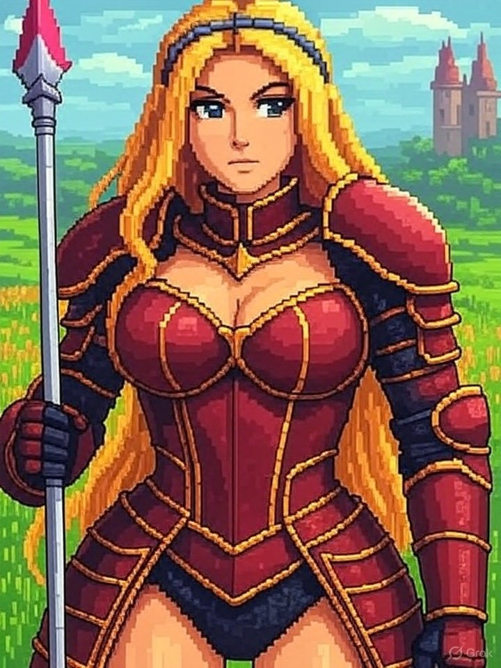 Pixel art illustration of a female warrior with long blonde hair, clad in red and black armor, holding a spear, with a grassy field and castle in the background.