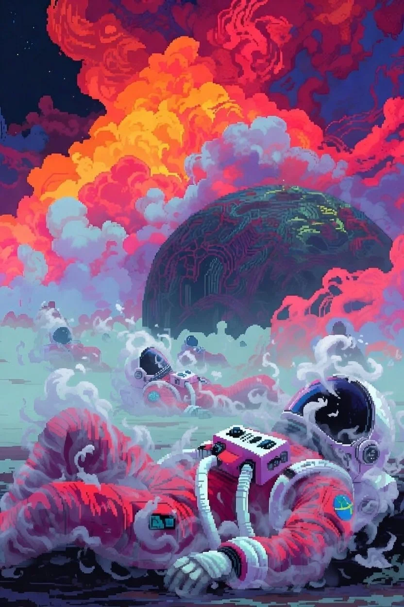 Pixel art illustration of astronauts in space suits on an alien planet with a large, circuit-patterned spherical structure in the background, set against a vibrant sky with colorful clouds and a fiery nebula.
